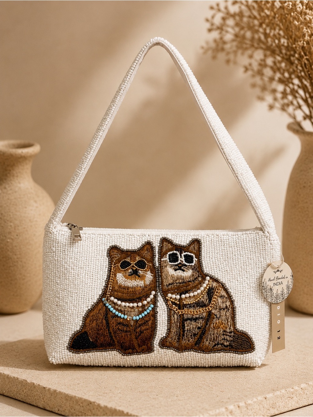 White Beaded Cat Shoulder Bag